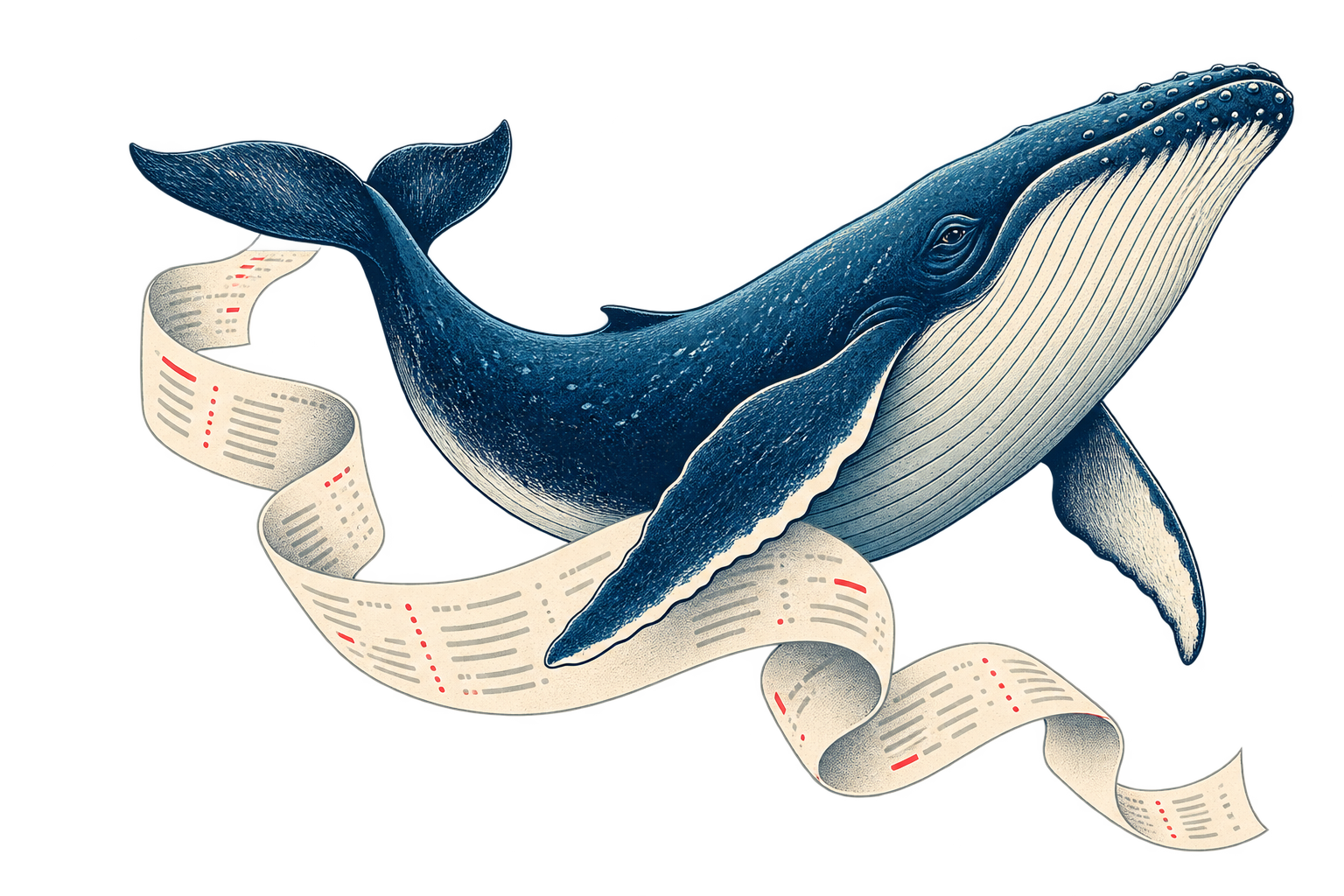 A blue whale swimming through a long curling receipt